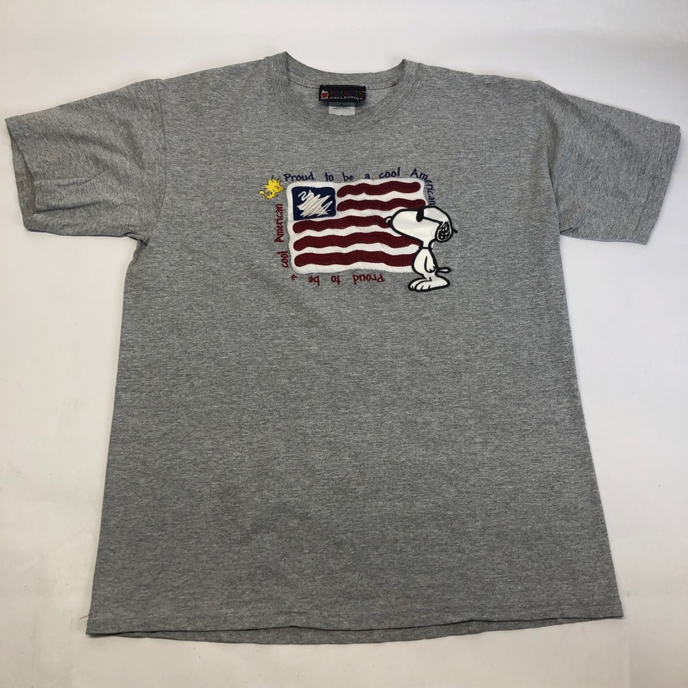 Vintage‎ Peanuts Snoopy American Flag Graphic T-Shirt Gray Medium Patriotic